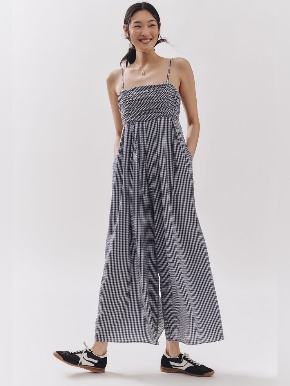 Hutch Mabel Smocked Gingham Wide-Leg Jumpsuit in Navy & White